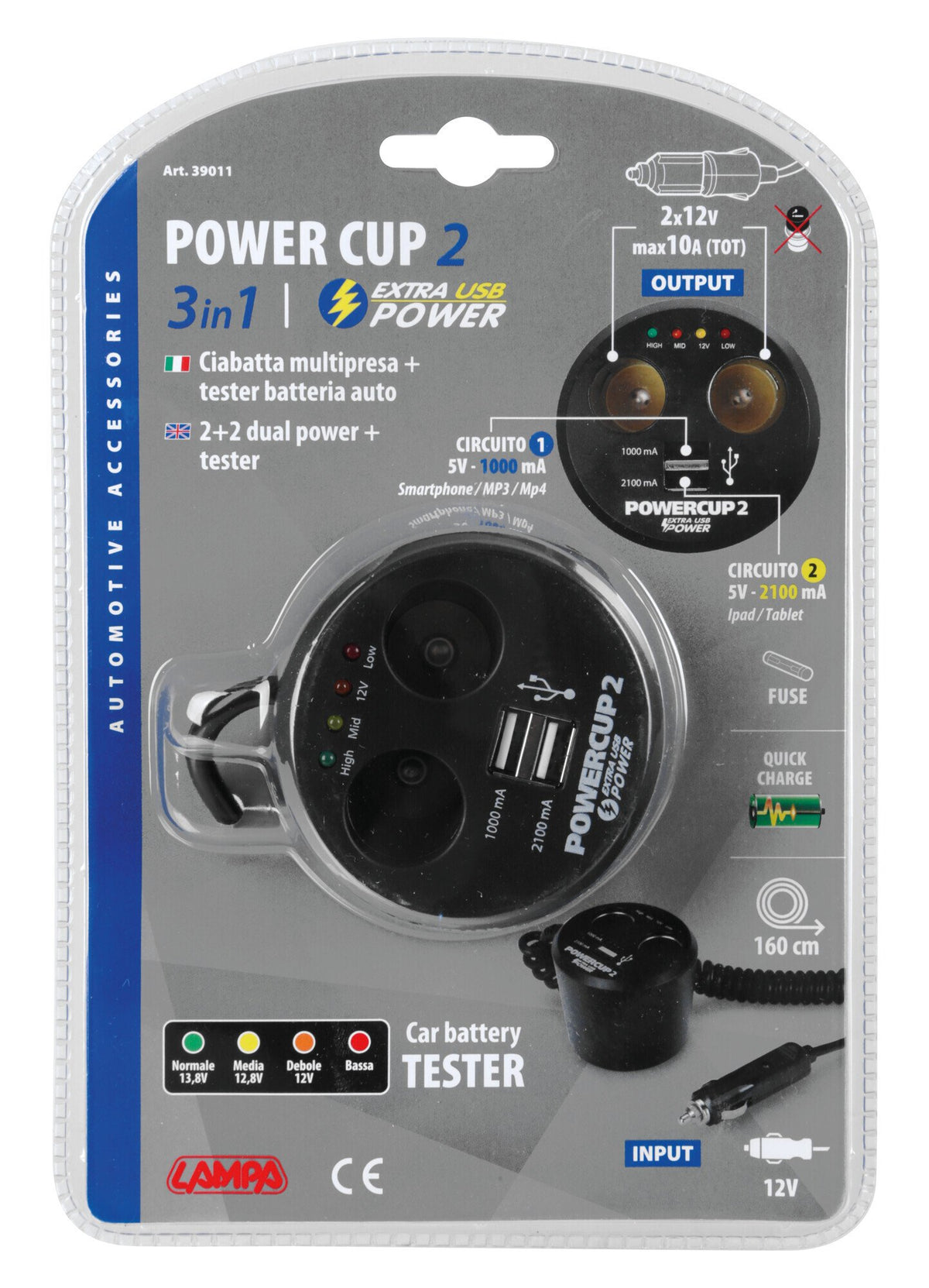 Lampa Power cup 2, multipresa con Usb e tester batteria, 12V 39011