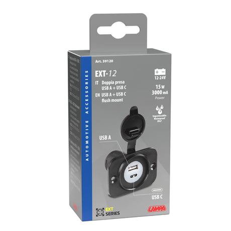 Lampa Ext-12, doppia presa Usb A + Usb C, montaggio ad incasso, 12/24V 39120