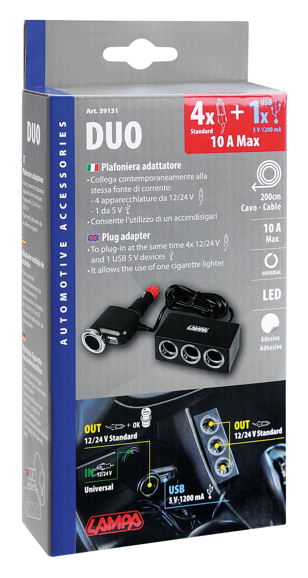 Lampa Duo 4+1, presa accendisigari multipla con USB, 12/24V 39131