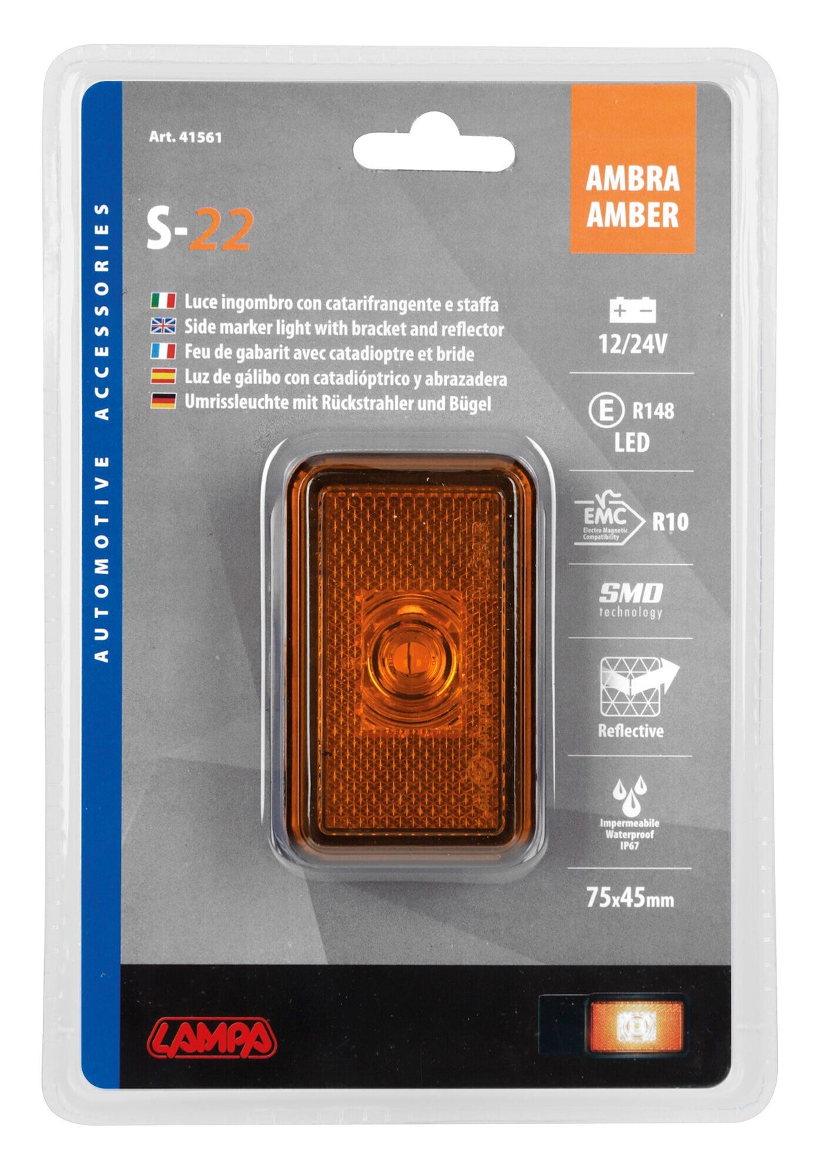 Lampa Luce ingombro con catarifrangente e staffa - 1 Led - 12/24V - Arancio 41561