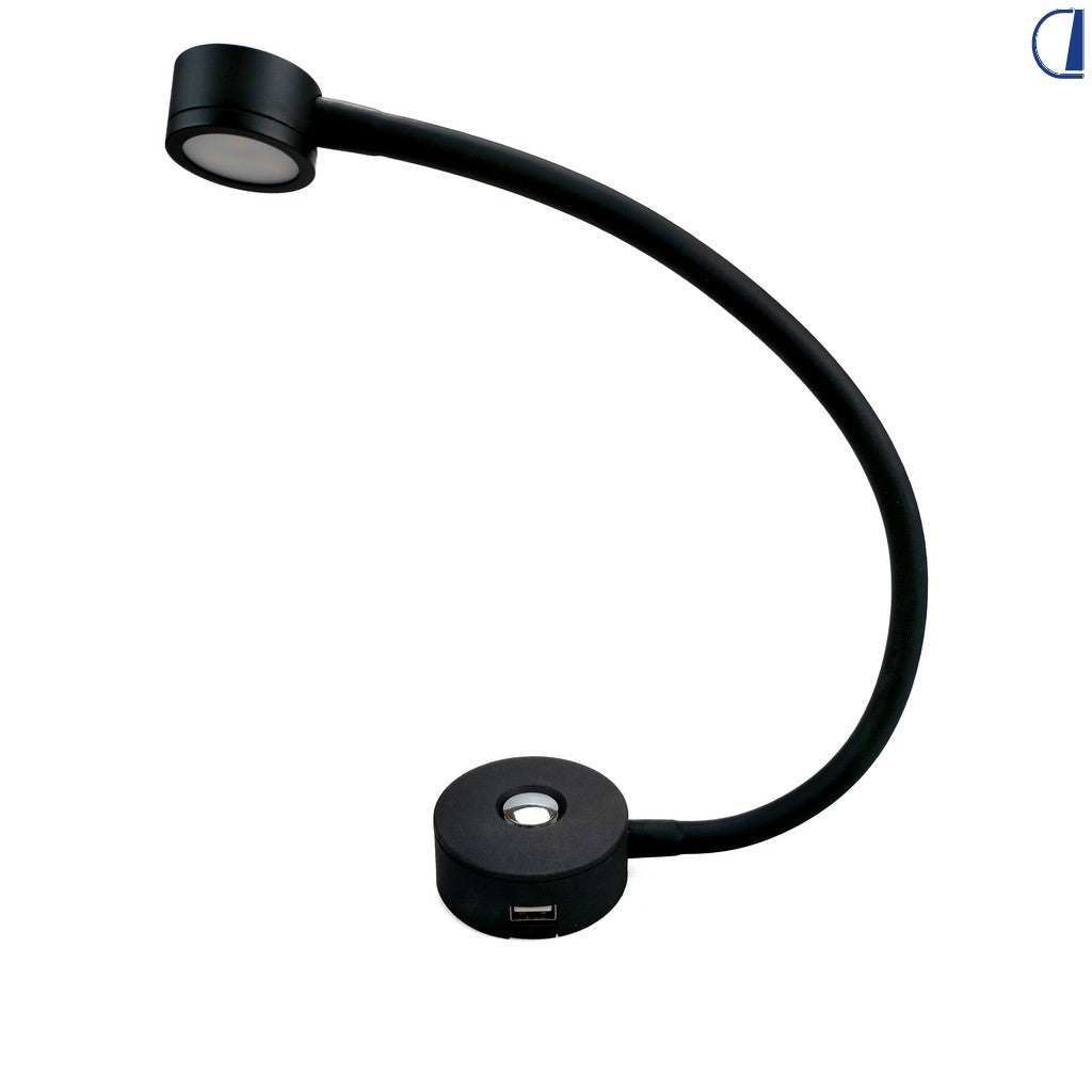 Faretto LED orientabile 2W 3200K con USB per camper, finitura nera e inox