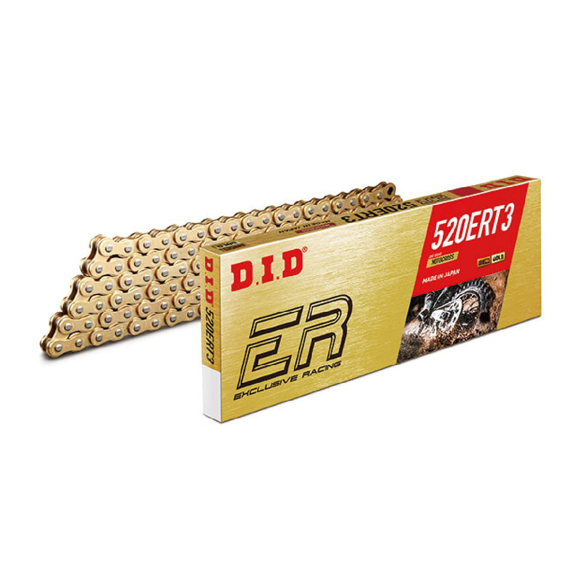 Cadena de transmisión DID 520ERT3 Gold &amp; Gold de 116 eslabones con unión de clip RJ
