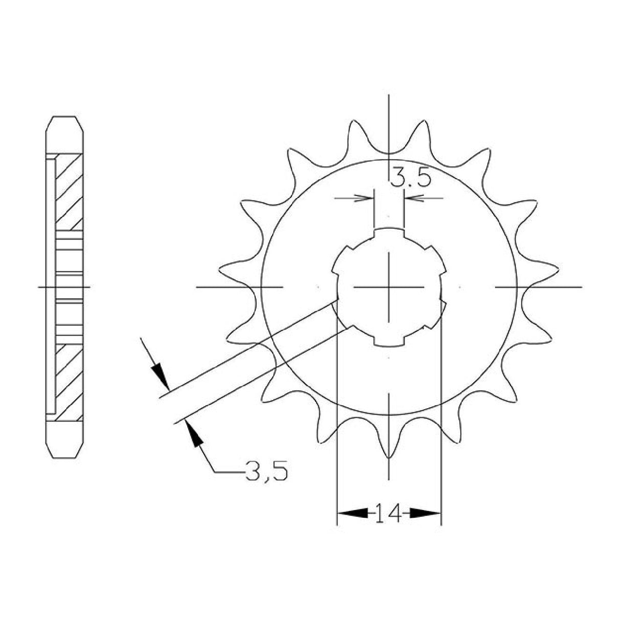 Stahlkettenrad, 14 Zähne, Teilung 428, KAWASAKI KSR Kaze 110 cm³, Baujahr 1998