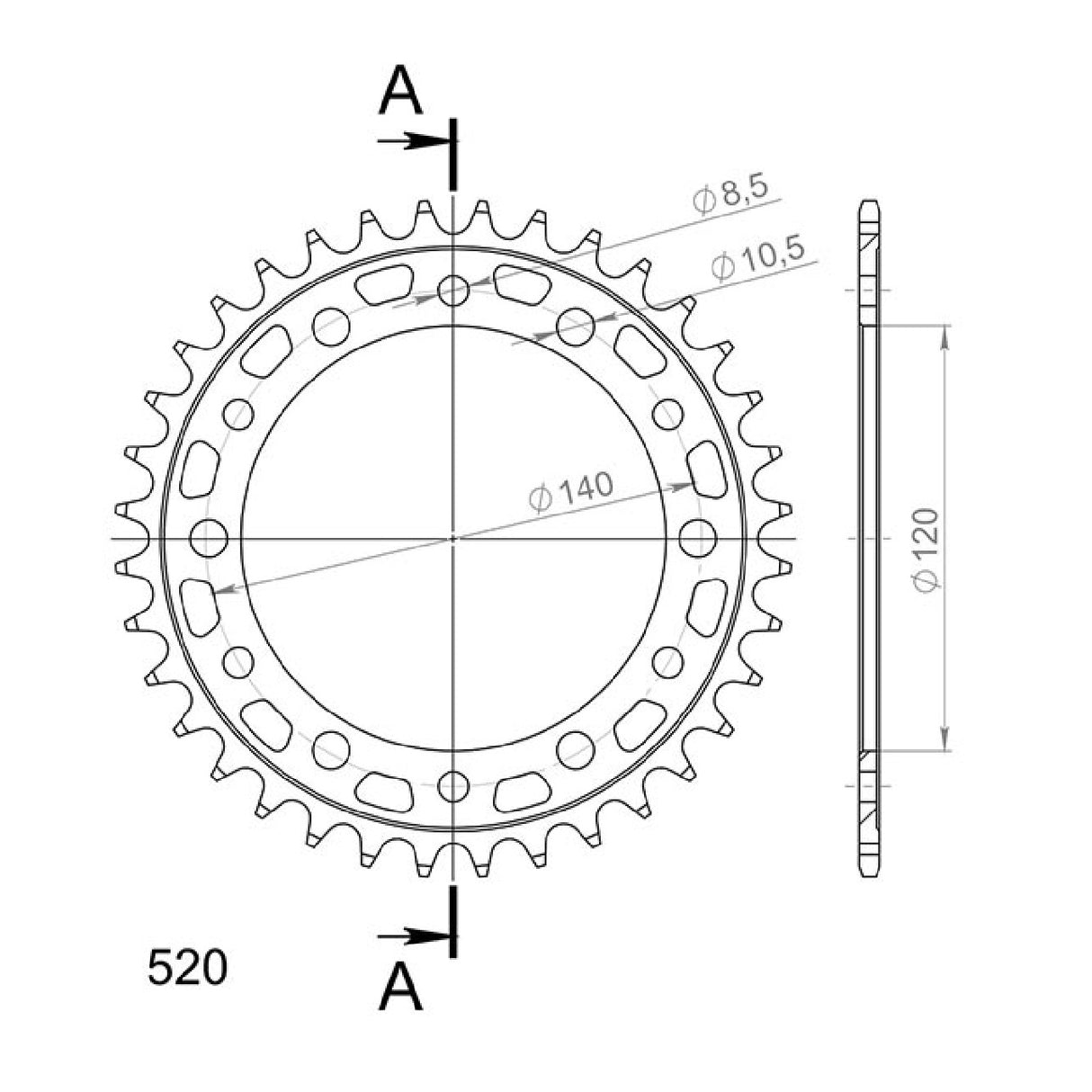 Corona in acciaio 36 denti passo 520 HONDA CBR R 300 CC 14/16