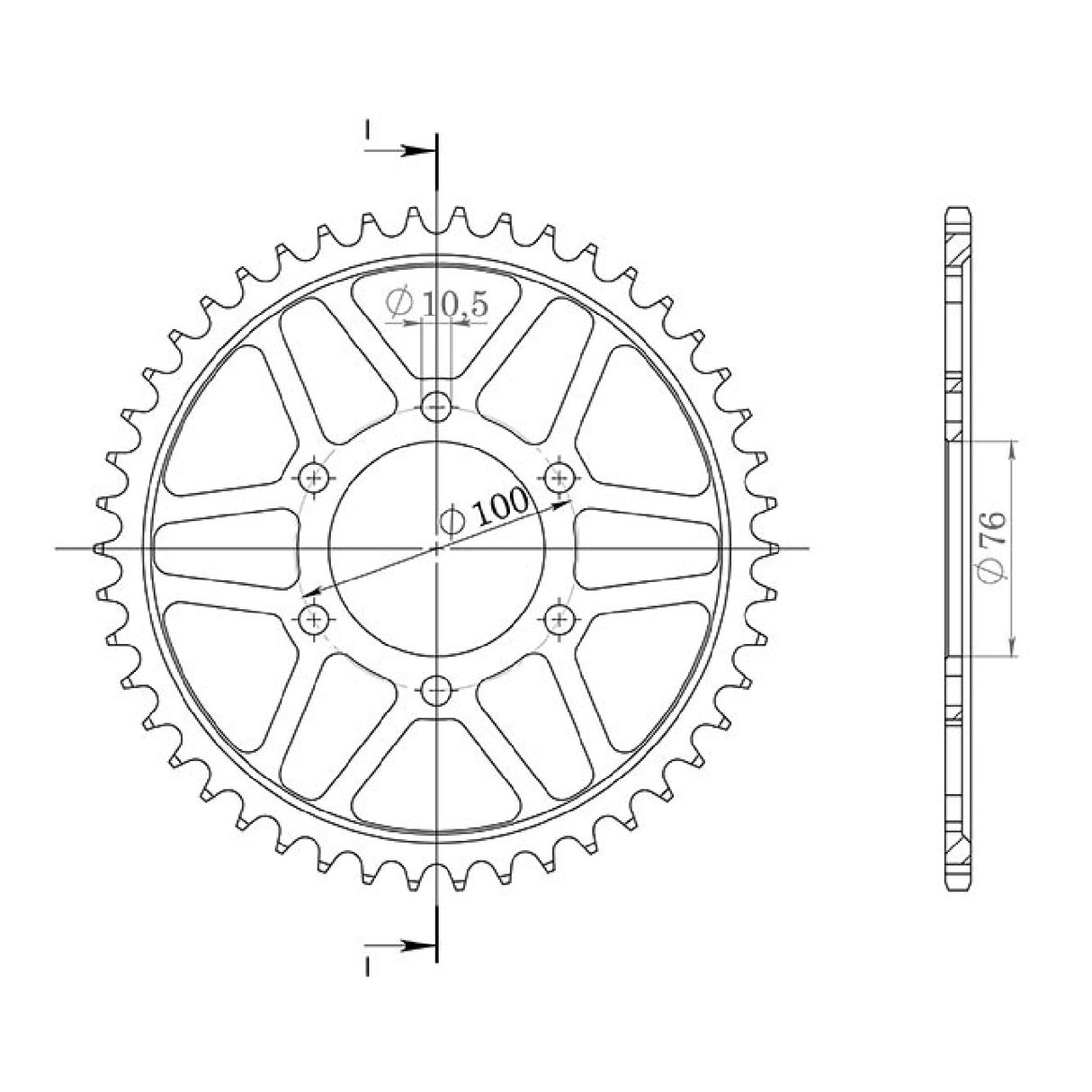 Corona in acciaio 38 denti passo 530 MARCHESINI 6 FORI (76-100-10,5)