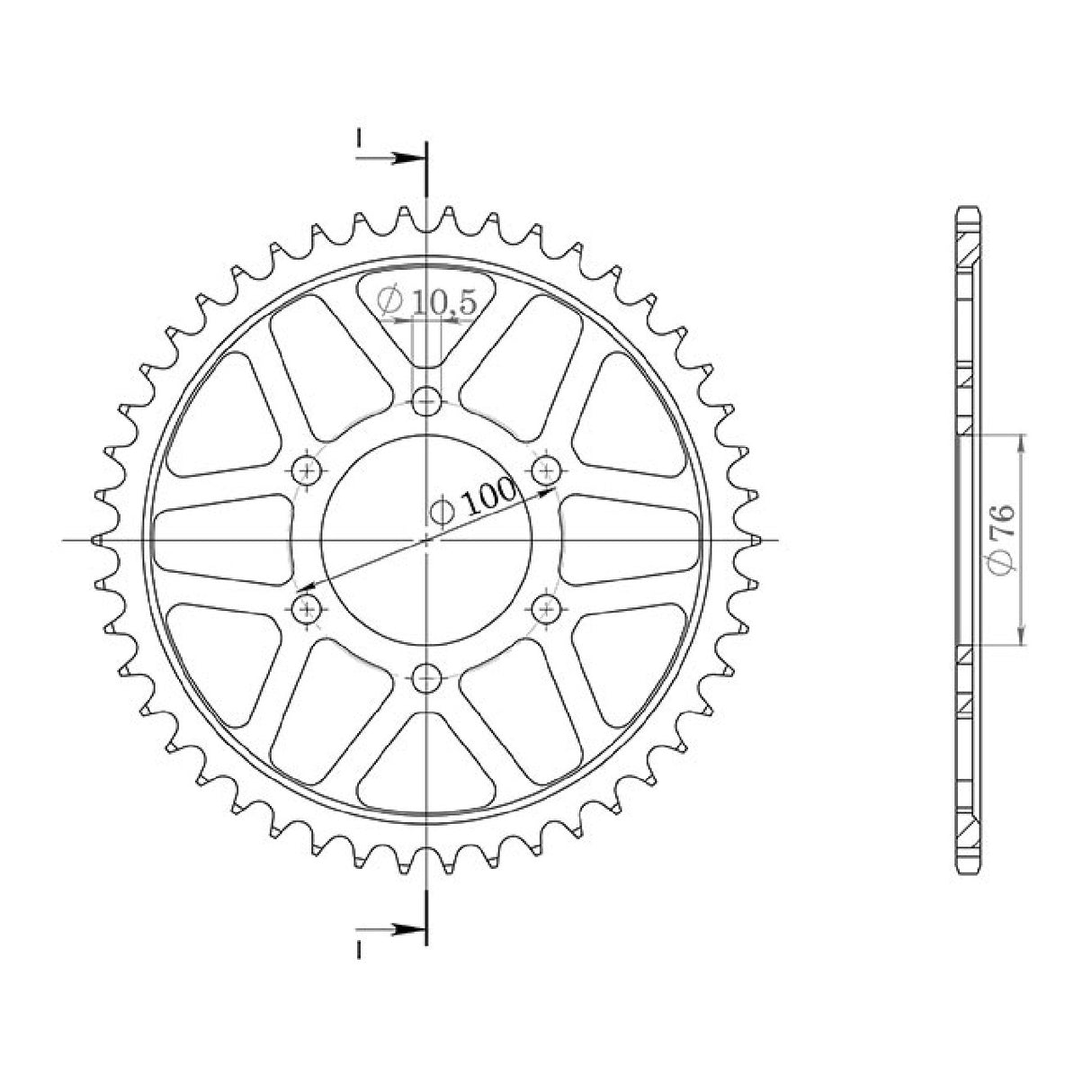 Corona de aluminio de 45 dientes, paso 530, MARCHESINI 6 AGUJEROS (76-100-10,5)