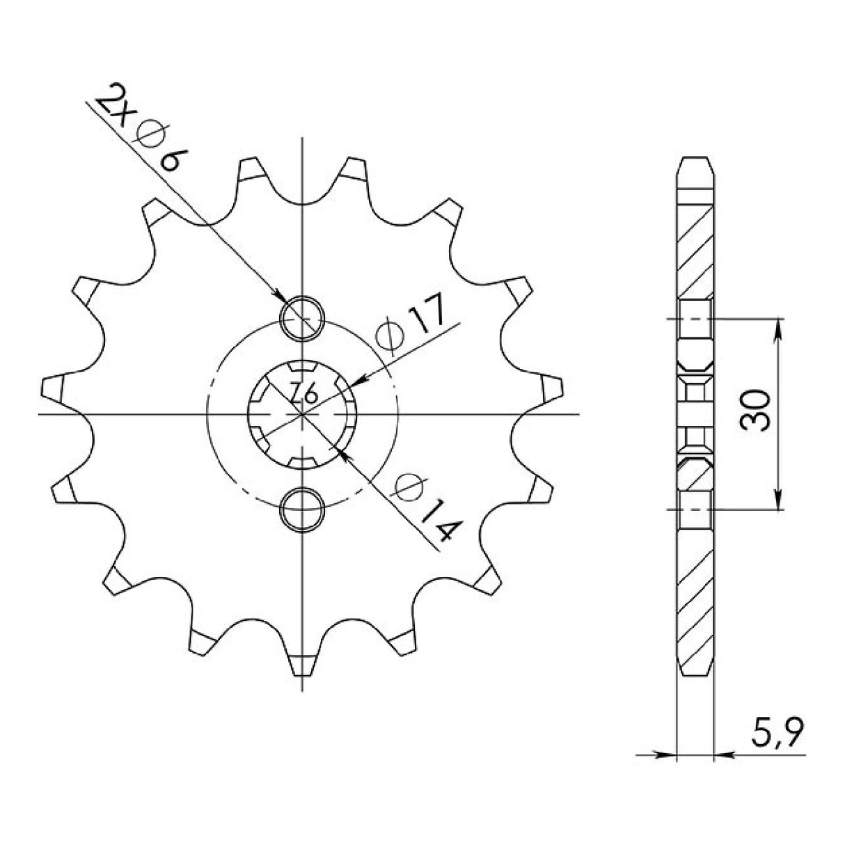 Stahlkettenrad, 14 Zähne, Teilung 420, passend für Honda ST Dax 50 cm³, Baujahre 88/89