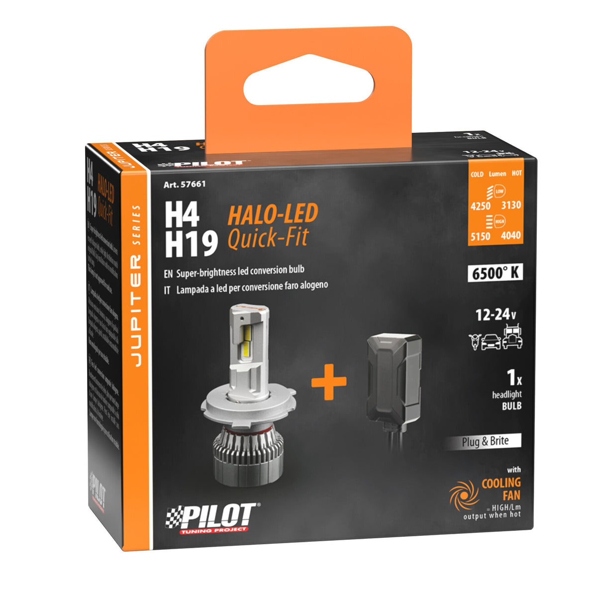 Pilot 12/24V Halo Led Jupiter Series Quick-Fit - (H4-H19) - 55W - P43t / PU43t-3 - 1 pz - Scatola