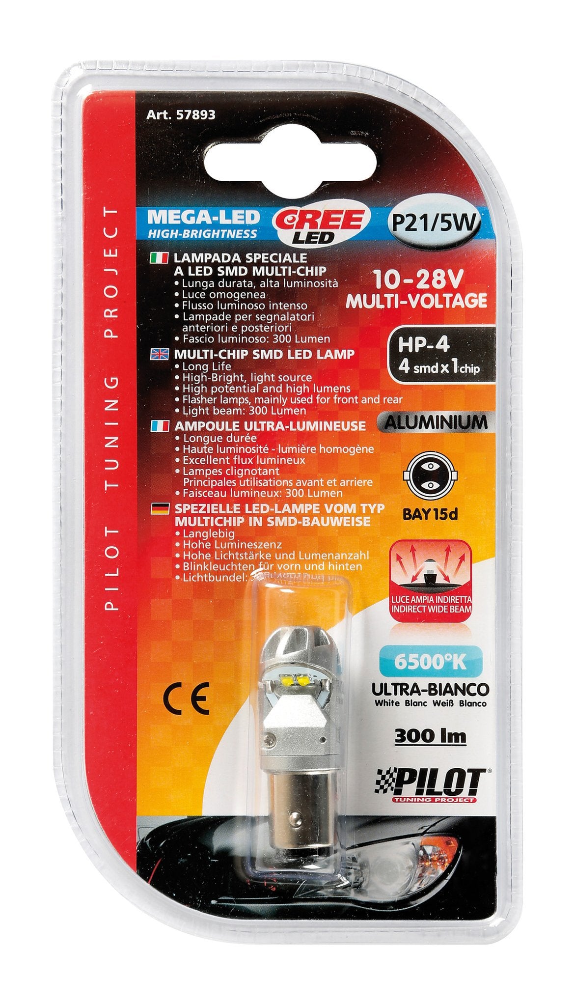 12/24V Mega-Led HP-4 - 4 SMD x 1 chip - (P21/5W) - BAY15d - 1 pz  - D/Blister - Bianco