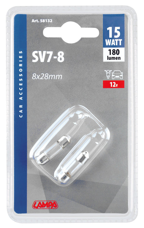 Lampa 12V Lampada siluro - 8x28 mm - 15W - SV7-8 - 2 pz - D/Blister 58132