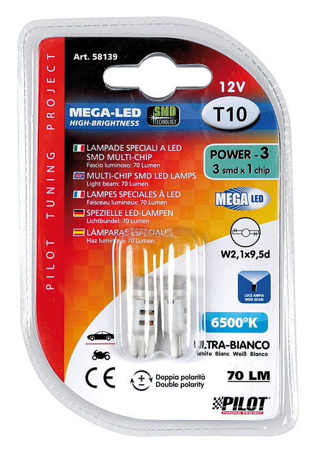Pilot 12V Mega-Led 3 3 SMD x 1 chip T10 W2,1x9,5d 2 pz Bianco 8139
