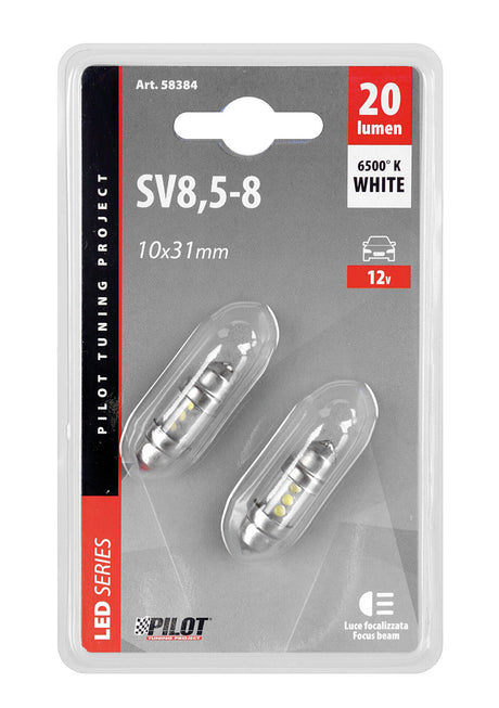 Pilot 12V Lampada siluro 3 Led - 10x31 mm - SV8,5-8 - 2 pz - Scatola - Bianco
