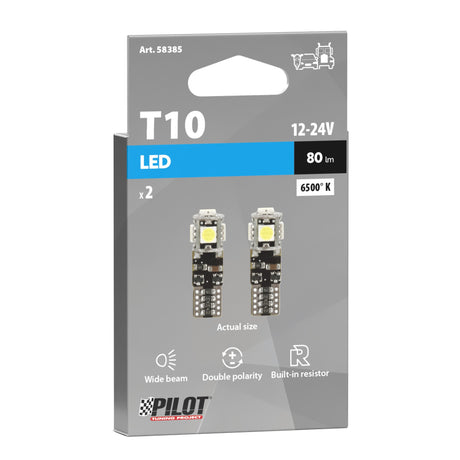 Pilot 12/30V Led series - 5 Led SMD - (T10) - W2,1x9,5d - 2 pz - Scatola - Bianco - Doppia polarità - Resistenza incorporata