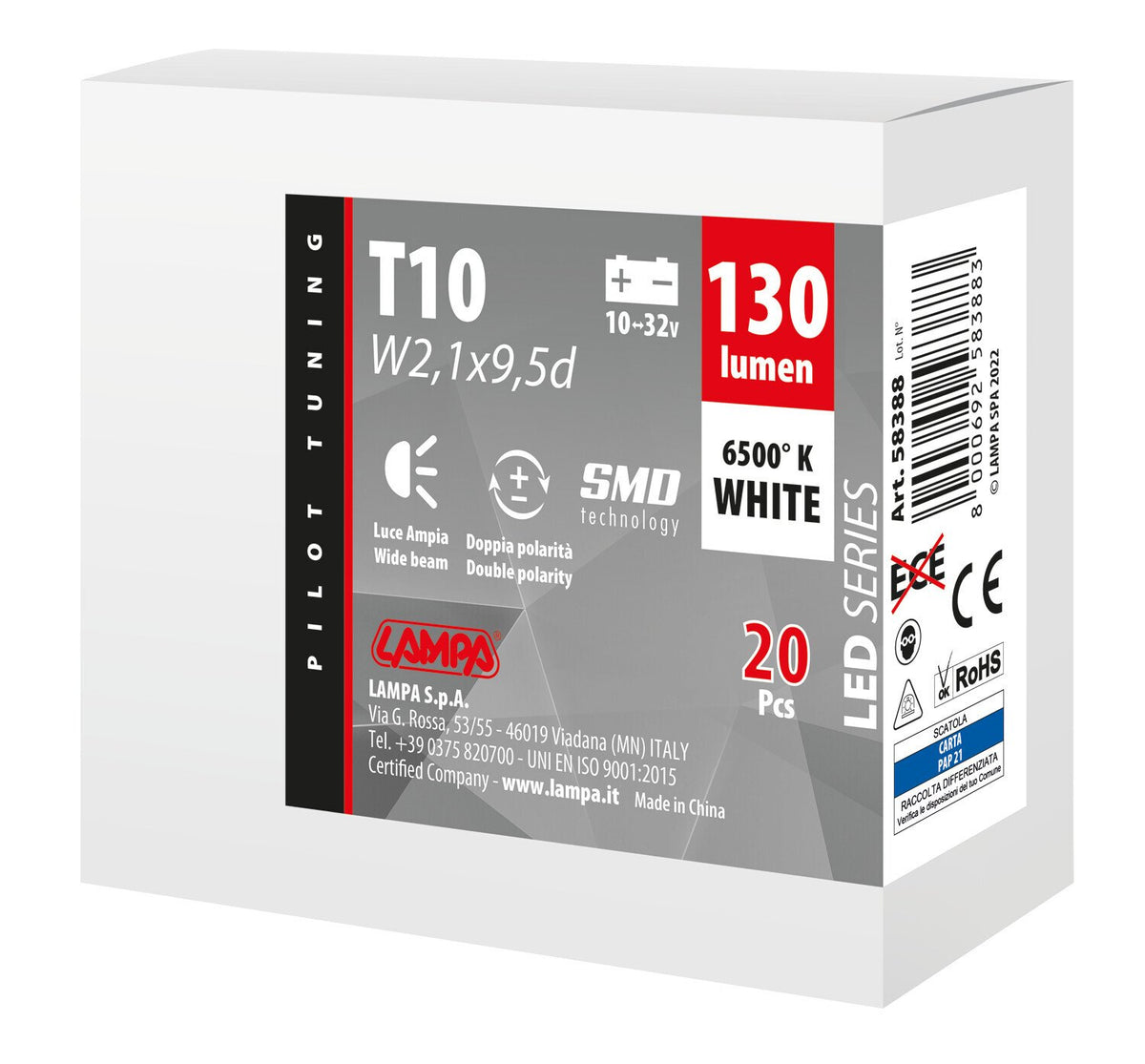 Pilot 10/32V Led Series 1 SMD x 1 chip - (T10) - W2,1x9,5d - 20 pz - Scatola - Bianco - Doppia polarità - Resistenza incorporata