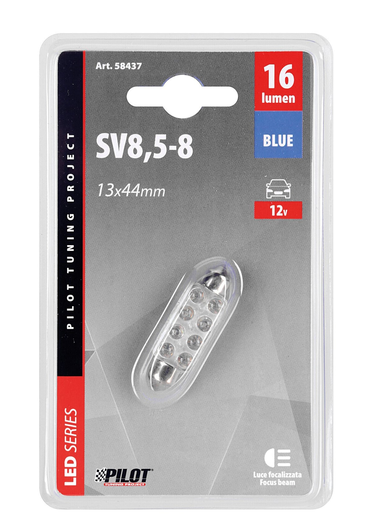 Pilot 12V Lampada siluro 8 Led - 13x44 mm - SV8,5-8 - 1 pz - Scatola - Blu