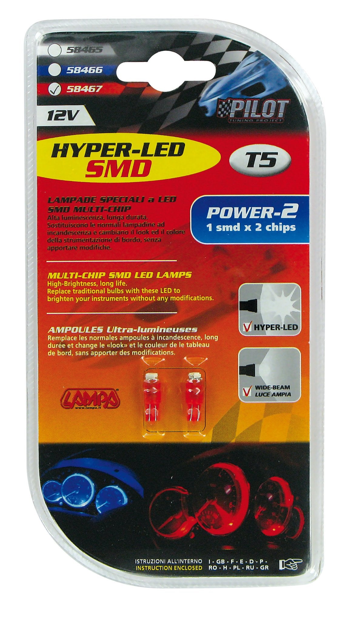 Pilot 12V Hyper-Led 2 1 SMD x 2 chips (T5) W2x4,6d 2 pz D/Blister Rosso