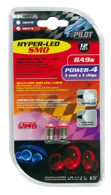 Pilot 12V Hyper-Led 6 - 2 SMD x 3 chips - BA9s - 2 pz - D/Blister - Rosso
