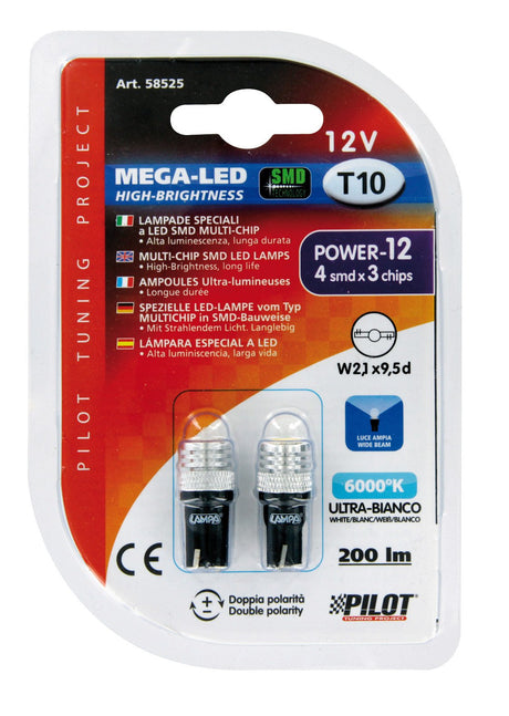 12V Mega-Led 12 4 Smd x 3 chips T10 W2,1x9,5d 2 pz Bianco Doppia polarità 58525