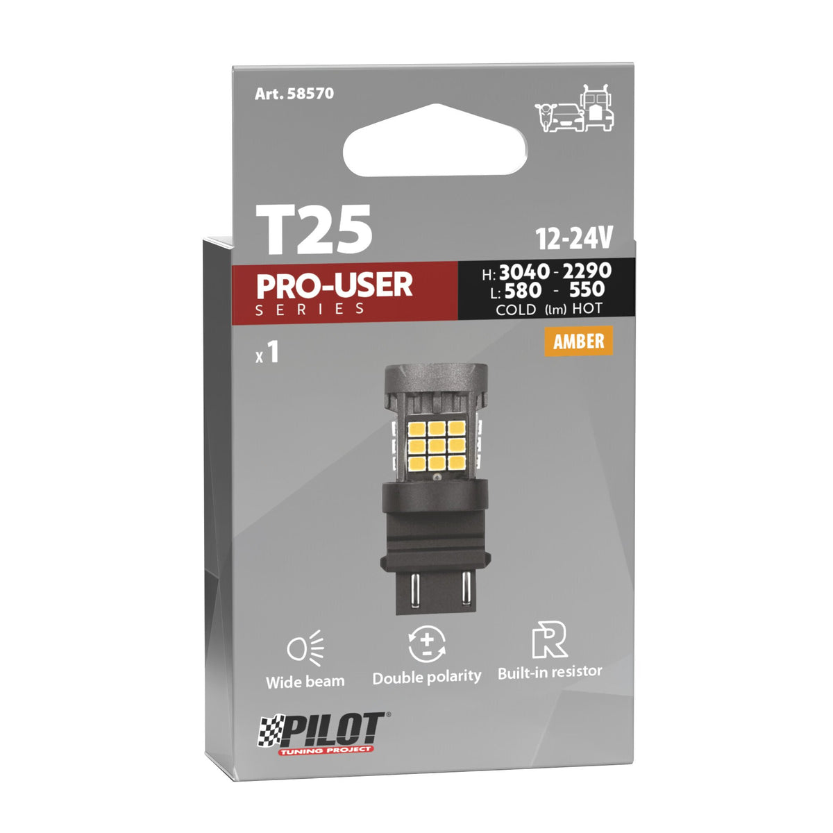 Pilot 12/24V Pro-User Series - (PY27/7W) - W2,5x16q - 1 pz - Scatola - Arancio - Doppia polarità - Resistenza incorporata