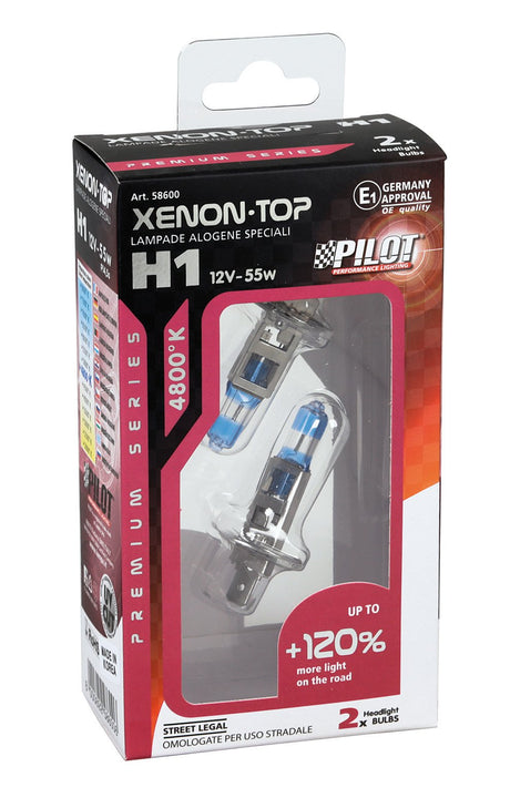 Pilot 12V Lampada alogena Xenon Top +120% luce H1 55W P14,5s 2 pz Scatola