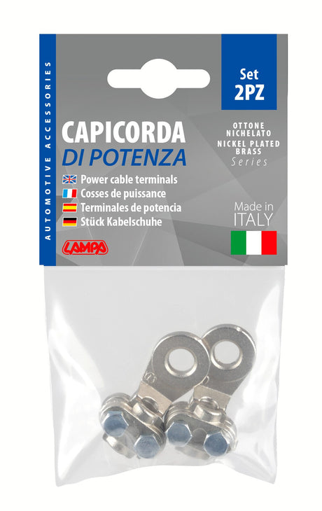 Lampa Set 2 pz capicorda di potenza in ottone nichelato, con fissaggio cavo a piastrina - Sezione 25 mm, foro 8 mm 69925
