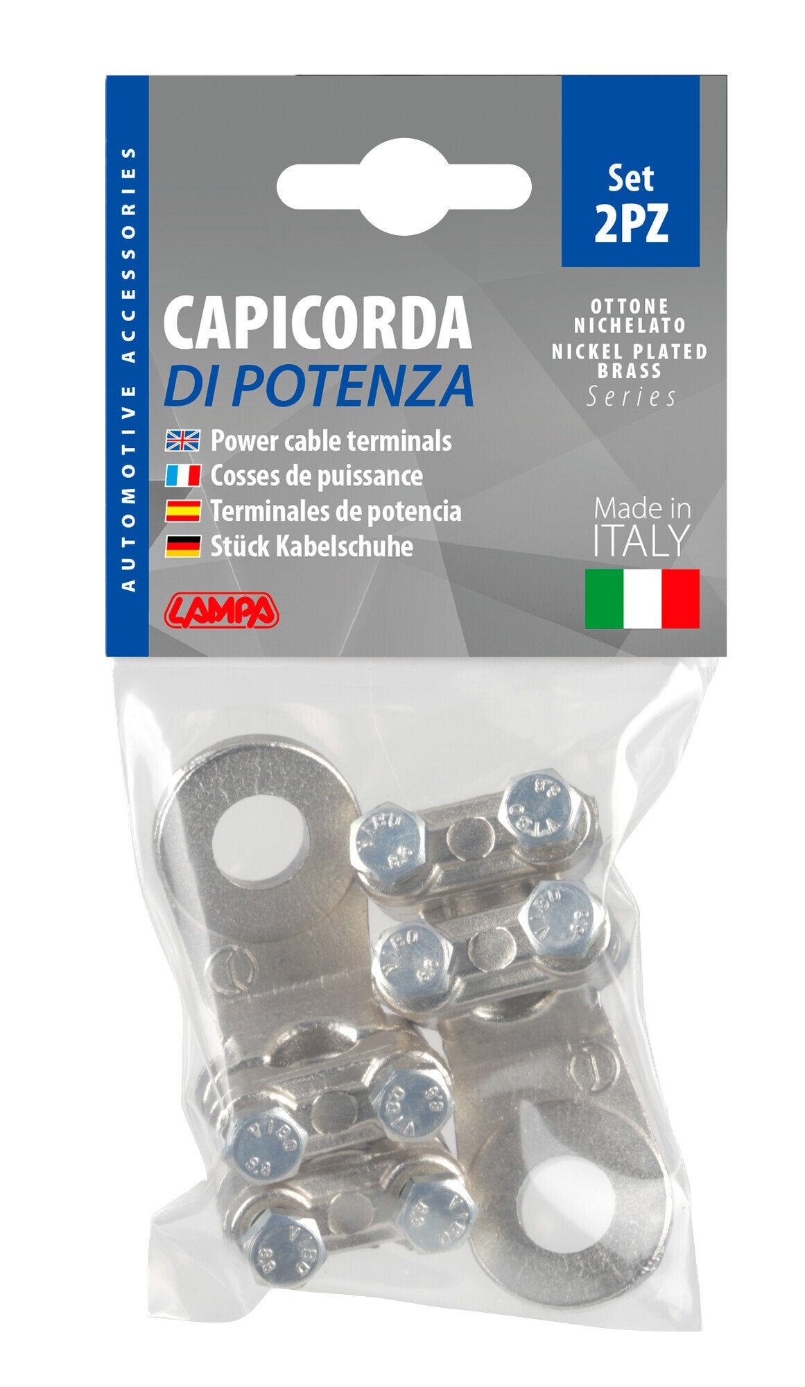 Lampa Set 2 pz capicorda di potenza in ottone nichelato, con fissaggio cavo a doppia piastrina - Sezione 70 mm, foro 12 mm 69928