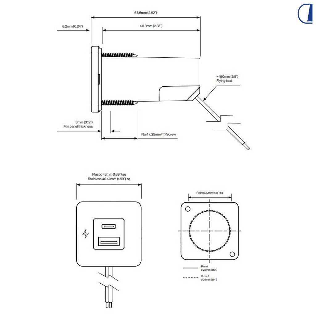 Di-Tec Presa USB-A e USB-C a giorno 12/24V cornice inox 40x40 mm