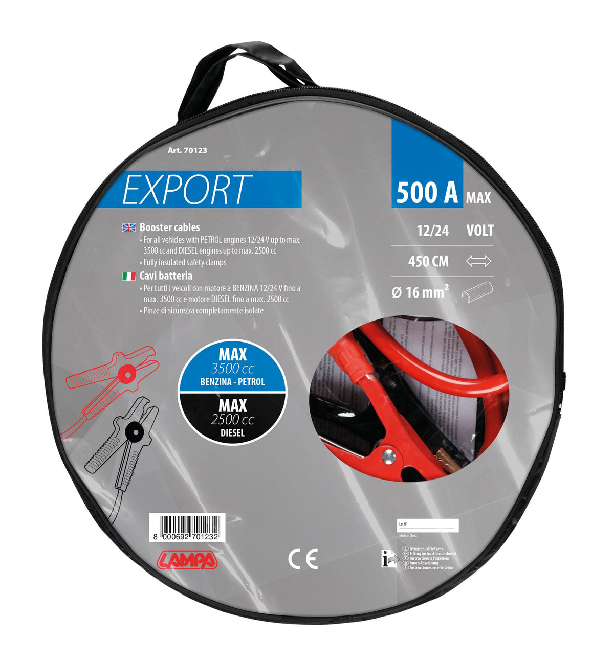Lampa Cavi batteria Export 12/24V - 450 cm - 500 A - 16 mm 70123