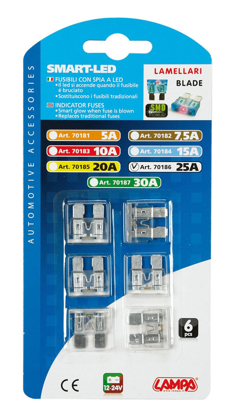 Lampa Smart Led, set 6 fusibili lamellari con spia a led, 12/32V - 25A 70186