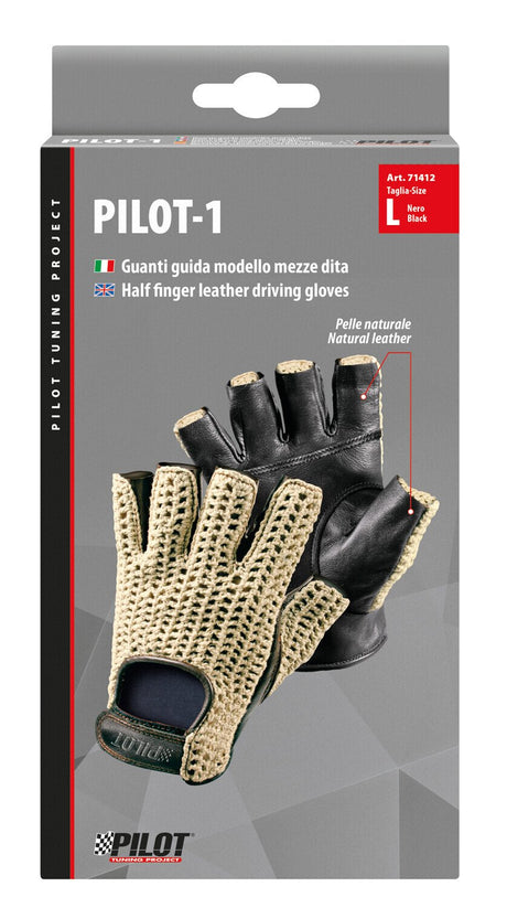 Pilot -1, guanti guida mezze dita - L - Nero