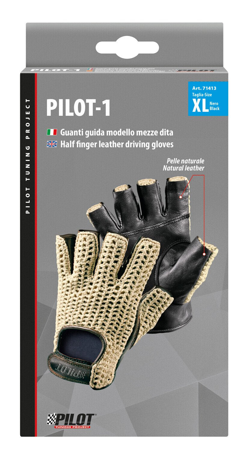 Pilot -1, guanti guida mezze dita - XL - Nero