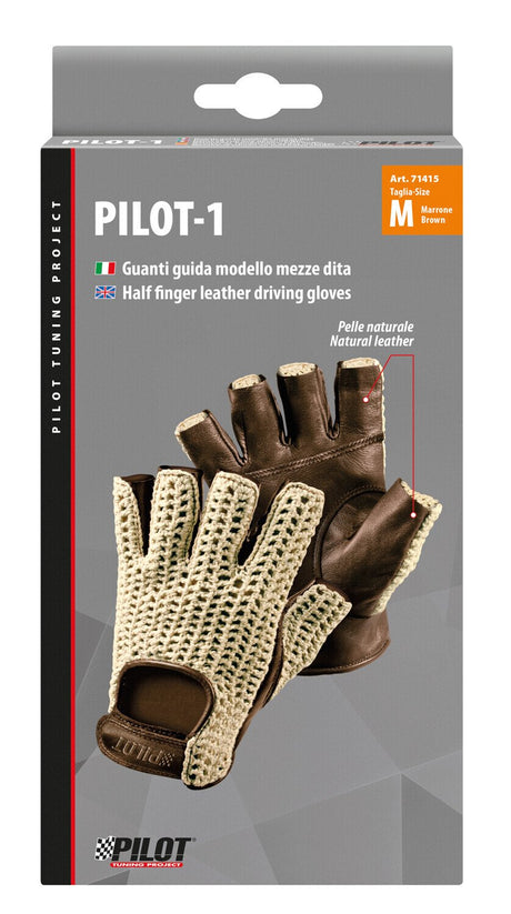 Pilot -1, guanti guida mezze dita - M - Marrone