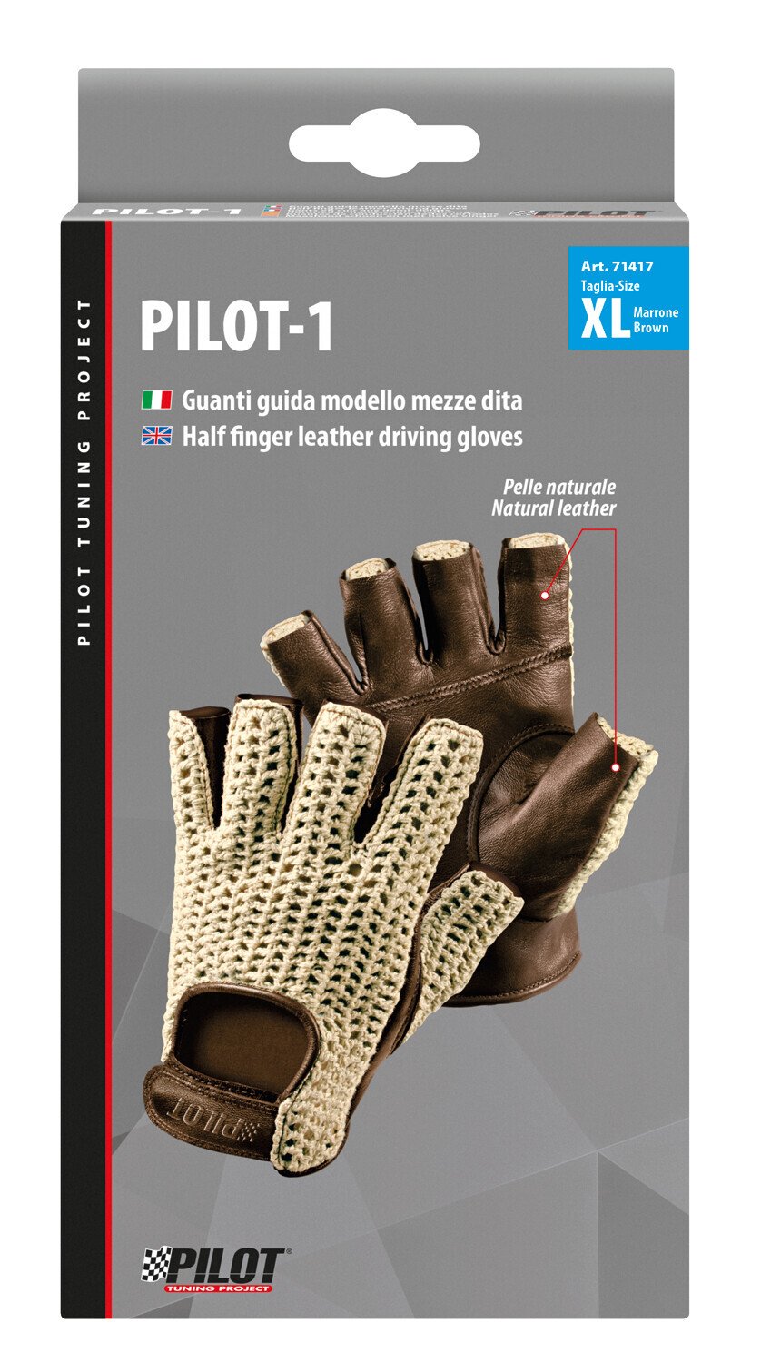 Pilot -1, guanti guida mezze dita - XL - Marrone