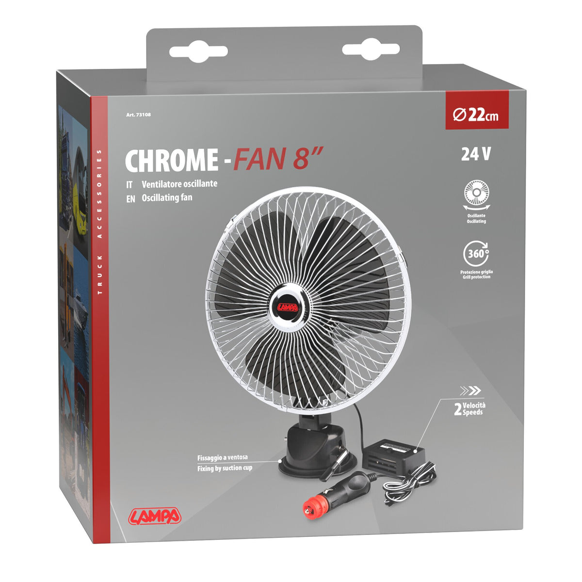 Ventilatore 24V per camion  8" cromato con ventosa  Lampa Chrome-Fan 73108