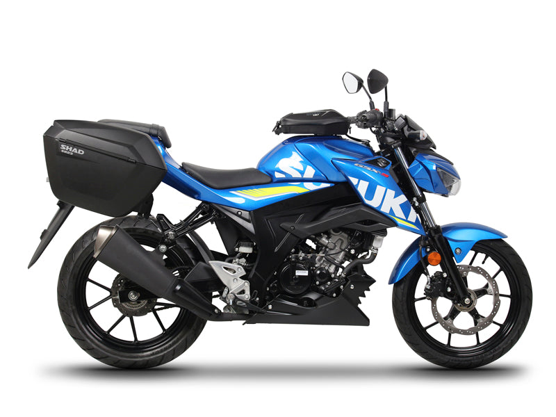 SHAD SH38X Schwarzes Seitenkoffer-Kit + 3P Systemrahmen für Suzuki GSX R/S 125/150 ab Baujahr 2017