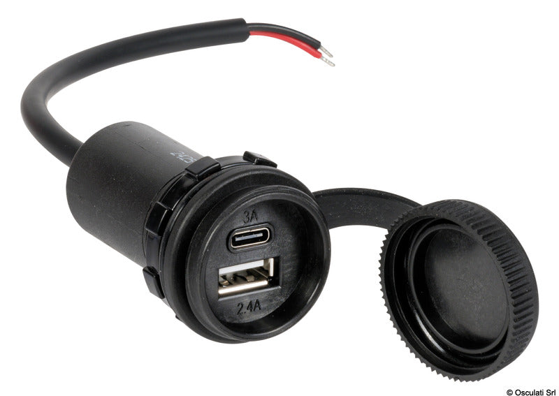 Osculati Presa Stagna Doppia USB-A + USB-C con Cappuccio 12/24 V