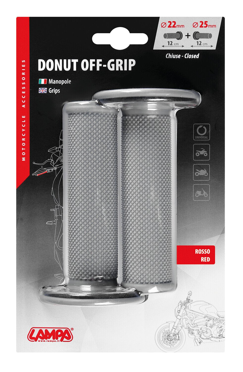 Lampa Donut Off-Road Grips, manopole universali - Grigio - Rosso 90575