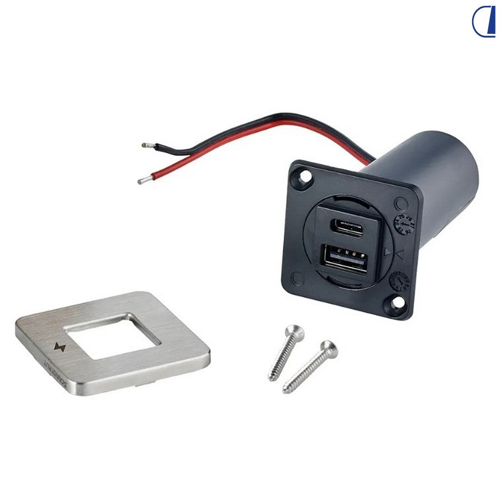 Di-Tec Presa USB-A e USB-C a giorno 12/24V cornice inox 40x40 mm