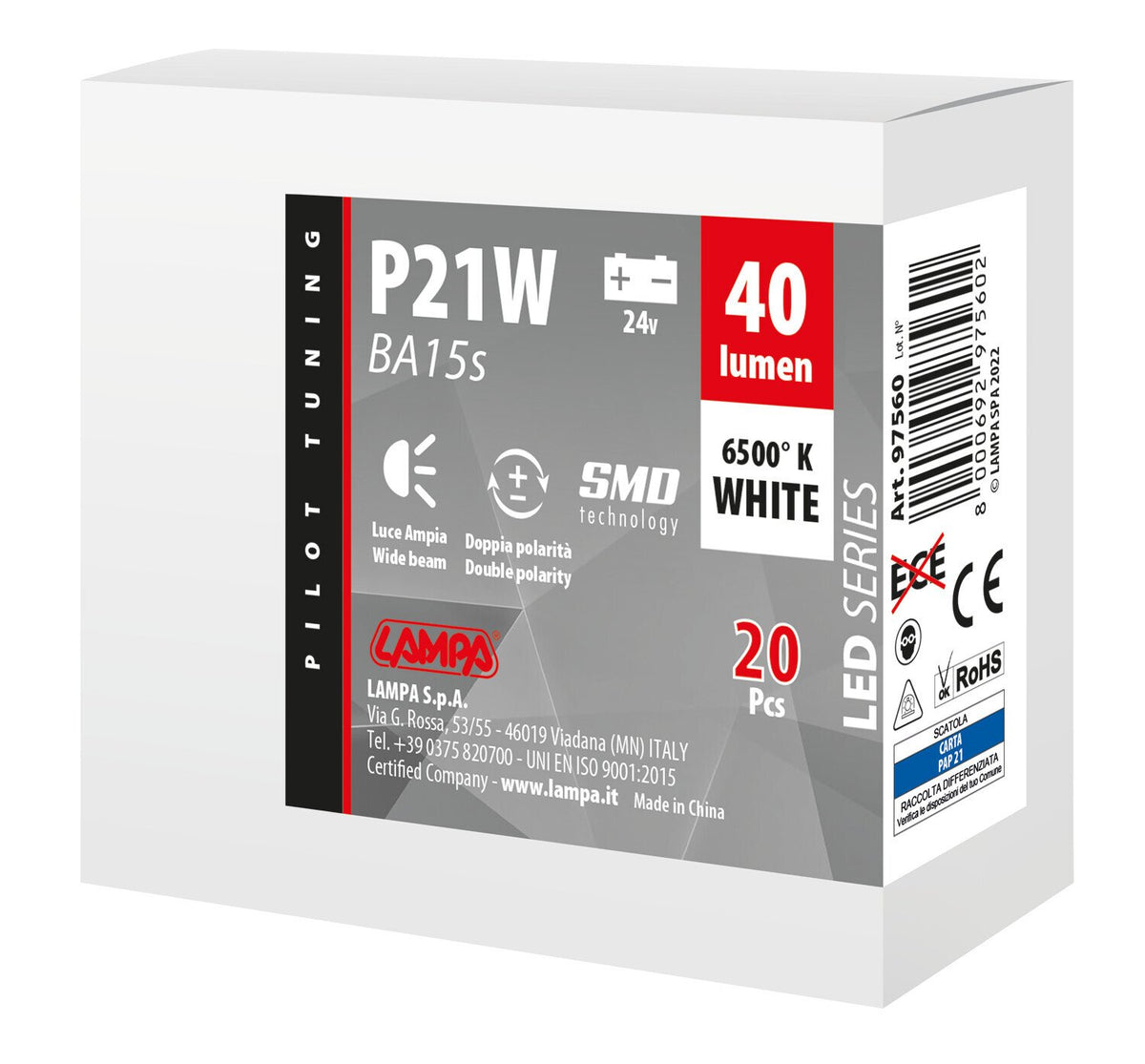 Pilot 24V Led Series - 4 SMD x 1 chip - (P21W) - BA15s - 20 pz - Scatola - Bianco - Doppia polarità