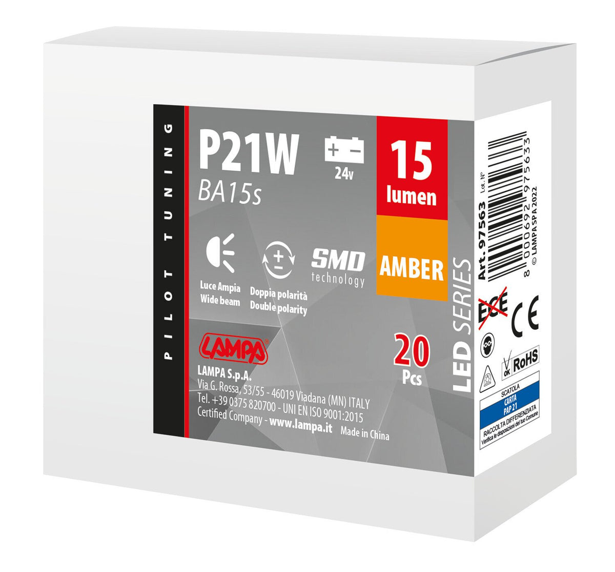 Pilot 24V Led Series - 4 SMD x 1 chip - (P21W) - BA15s - 20 pz - Scatola - Arancio - Doppia polarità