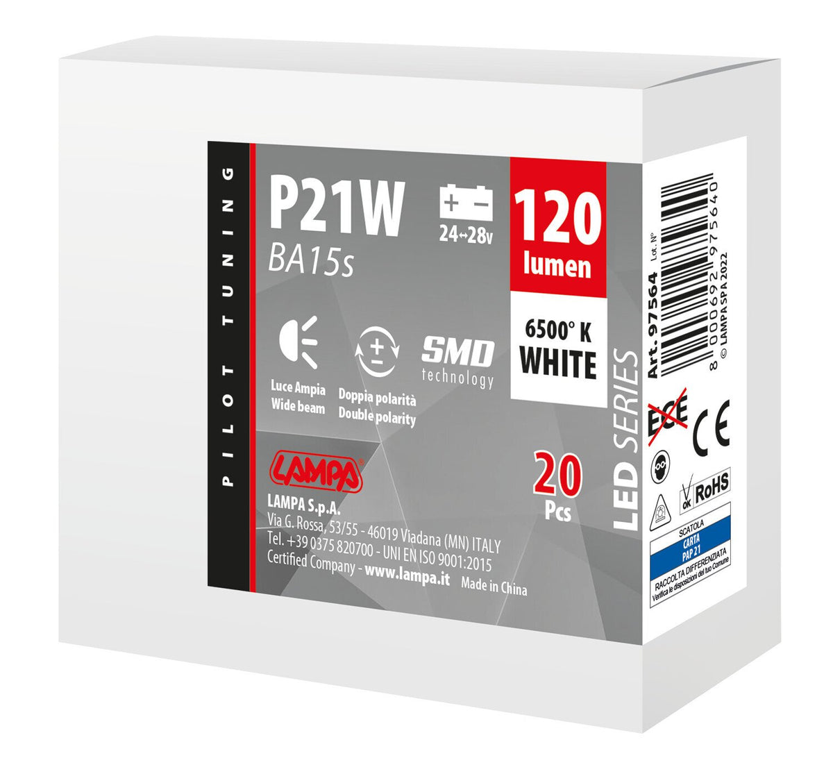 Pilot 24/28V Led Series - 8 SMD x 1 chip - (P21W) - BA15s - 20 pz - Scatola - Bianco - Doppia polarità