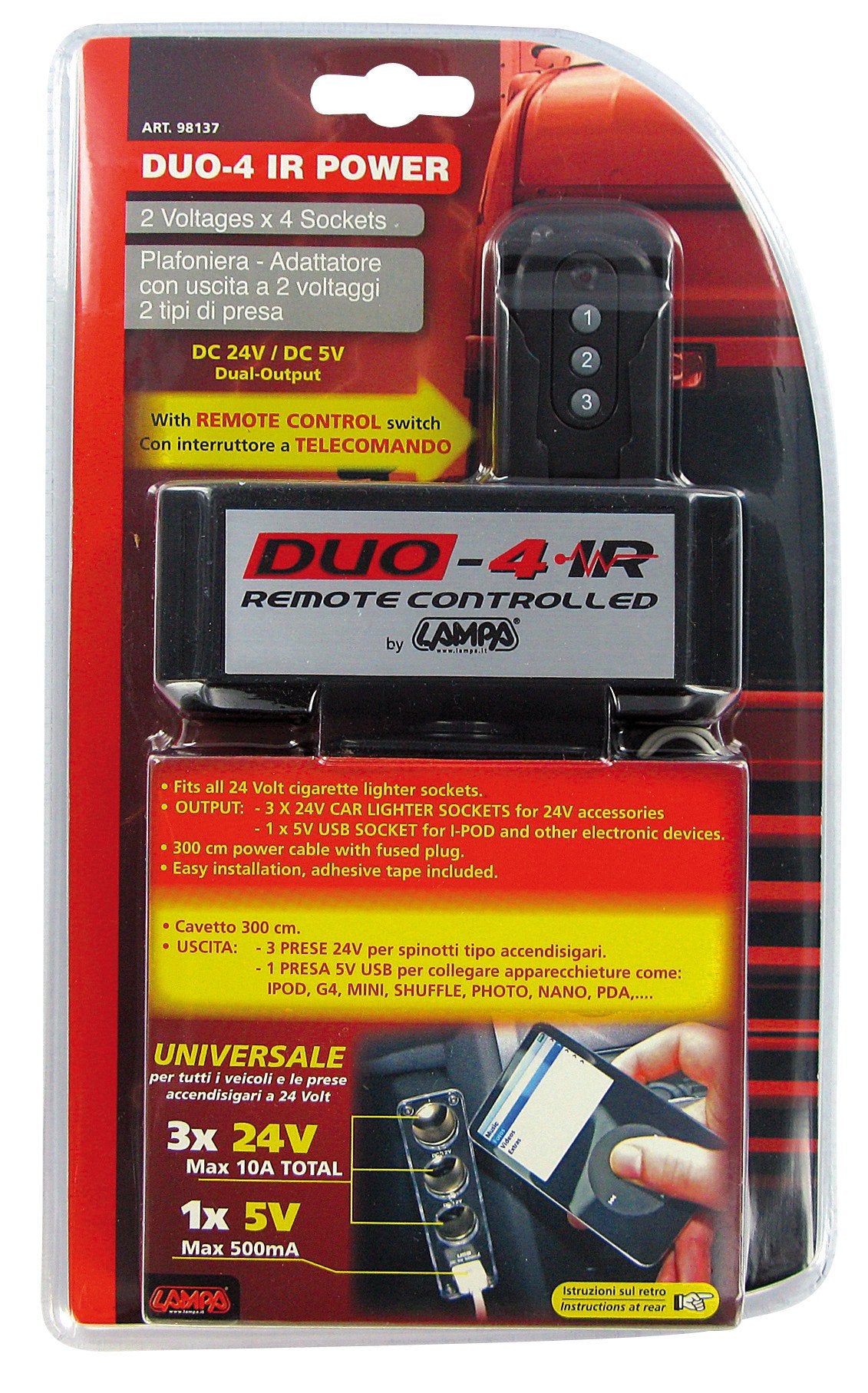 Lampa Duo-4, presa corrente tripla, USB, telecomando, 24V 98137