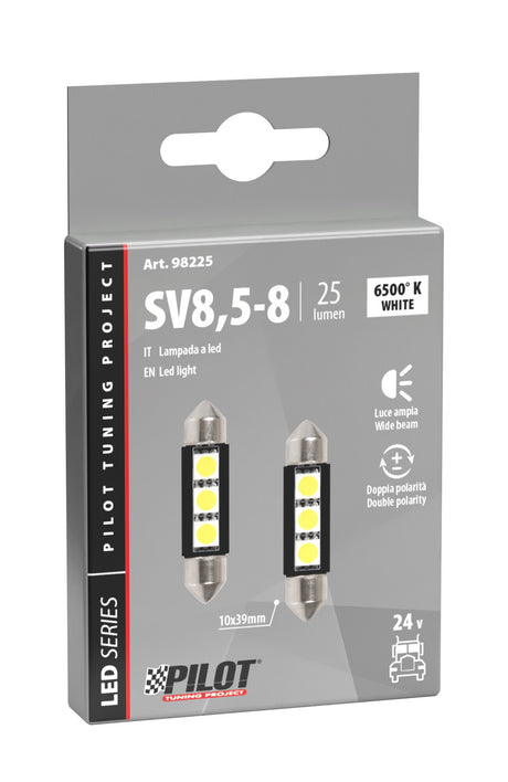 24/28V Hyper-Led 9 3 SMD x 3 chips 10x39 mm SV8,5-8 2 pz Scatola Bianco dp. pol. 98225