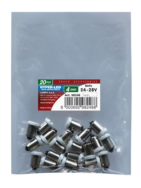 24/28V Hyper-Led 4 4 SMD x 1 chips (T4W) BA9s 20 pz Busta Bianco Doppia polarità 98248