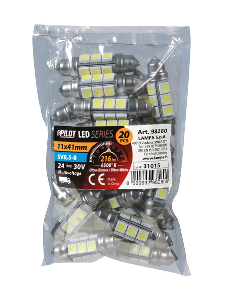 24/30V Hyper-Led 36 12 SMD x 3 chips 11x41 mm SV8,5-8 20 pz Bianco dp. pol. 98260