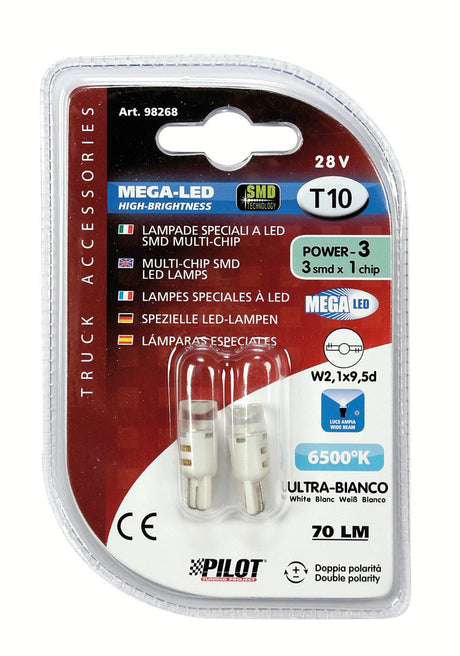 24-28V Mega-Led 3 3 SMD x 1 chip T10 W2,1x9,5d 2 pz Bianco Doppia polarità 98268
