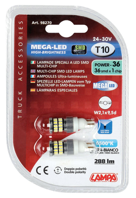24-30V Mega-Led 36 36 SMD x 1 chip T10 W2,1x9,5d 2 pz Bianco Doppia polarità 98270