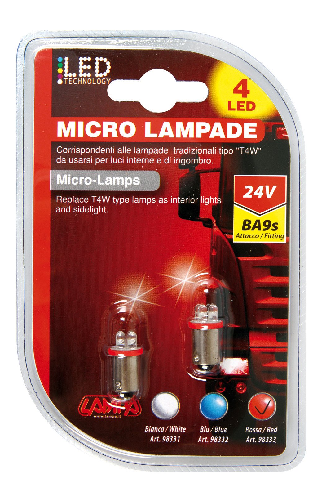 Lampa 24V Micro lampada 4 Led - (T4W) - BA9s - 2 pz - D/Blister - Rosso 98333