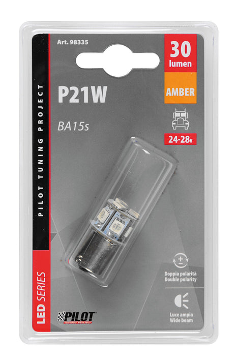24/28V Hyper-Led 24 8 SMD x 3 chips P21W BA15s 1 pz Arancio Doppia polarità 98335