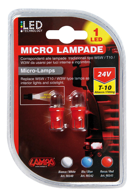 Lampa 24V Micro lampada 1 Led - (T10) - W2,1x9,5d - 2 pz - D/Blister - Rosso 98341